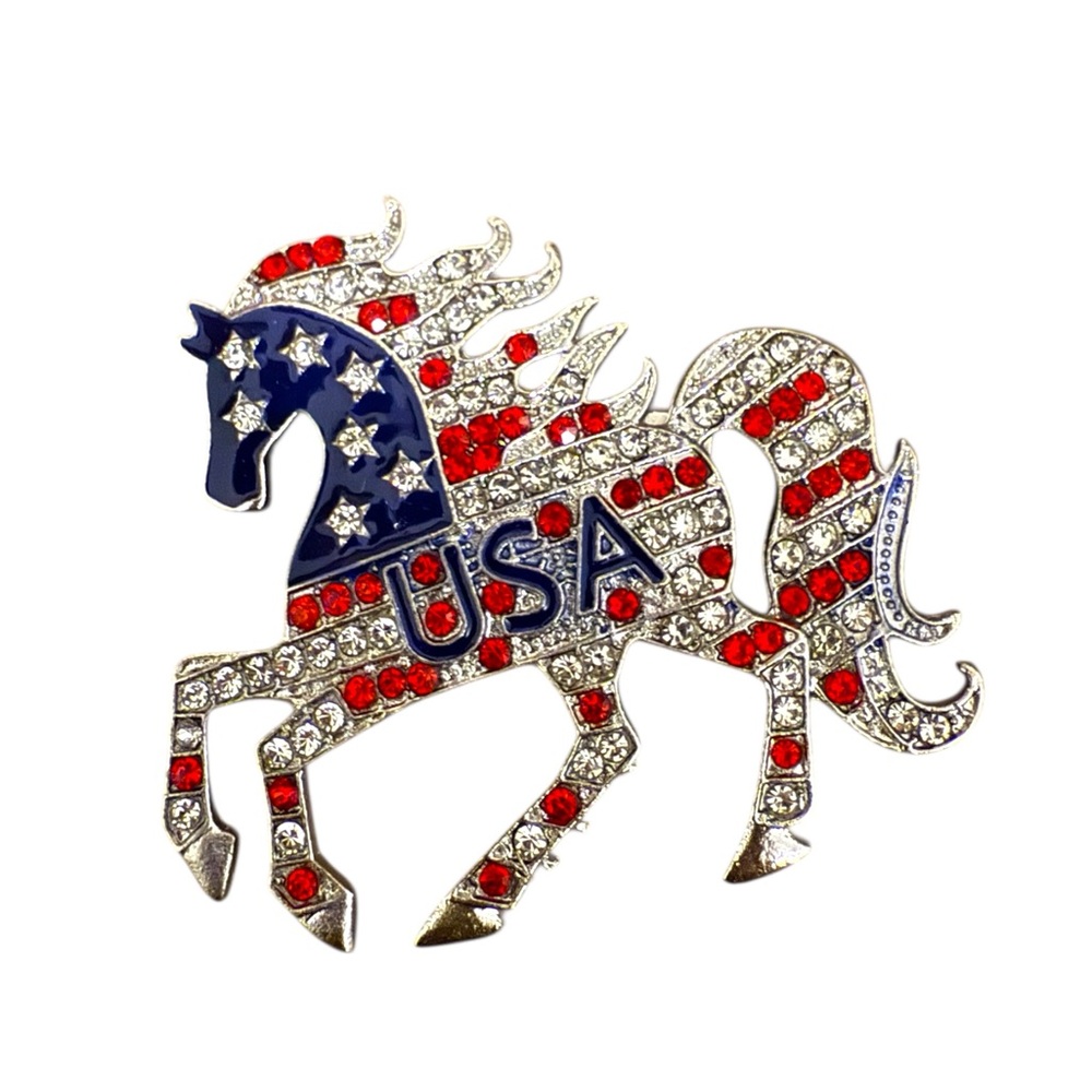 USA Horse Brooch with Red, White, and Blue Accents in Silver Tone